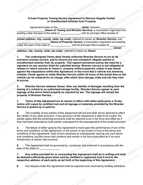 Private Property Truck Towing Service Agreement to Remove Illegally Parked or Unauthorized ...