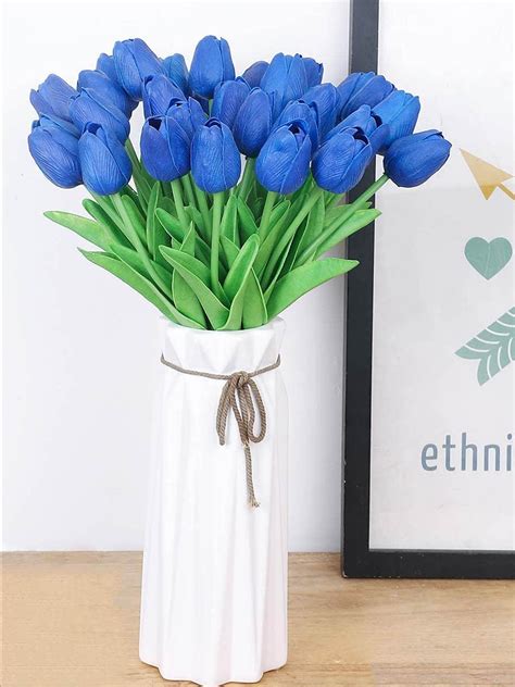 Buy | Set Of 5 Navy Blue & Green Artificial Tulip Flowers Sticks | Tied ...