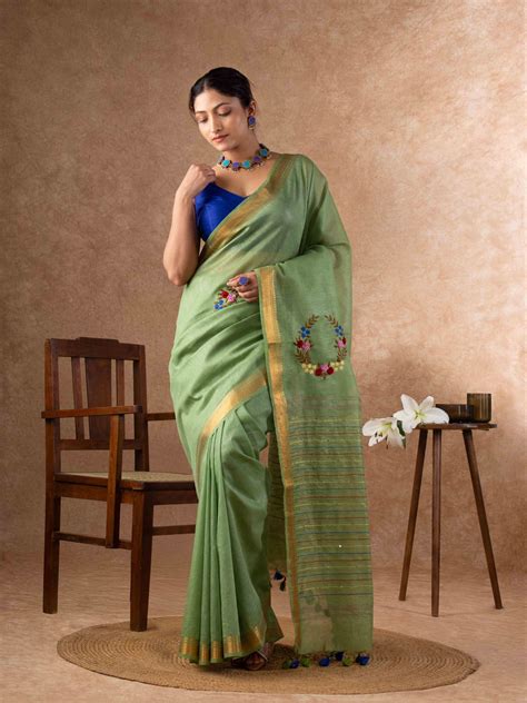 Velvety Linen Silk Saree in Leaf Green with Floral Embroidery