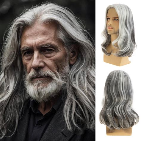 Sallcks Mens Long Wig Grey White Long Straight Wig for Men Middle Part ...
