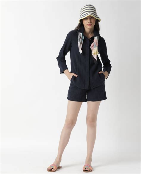 Rareism Women's Leno Navy Cotton Plain Mini Regular Fit Shorts