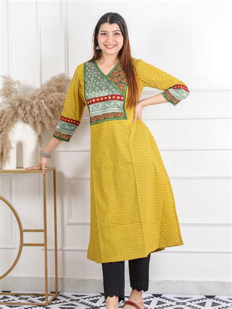 Ruhani Lemon Green Kutch Mirror Neck Work Ajrak Print Cotton Kurti ...