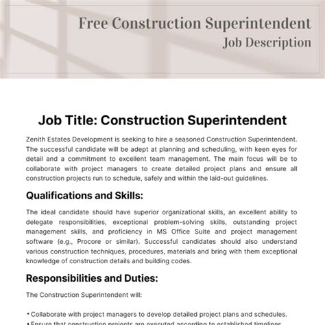 Free Construction Superintendent Job Description Template to Edit Online