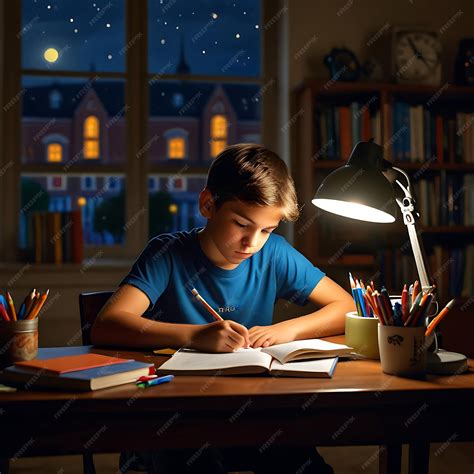 Boy studying at a table in a dark room with a lamp window and ...