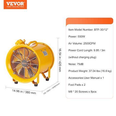 VEVOR 12" Heavy Duty Cylinder Fan 1 -Speed Yellow Air Purifier (Covers ...