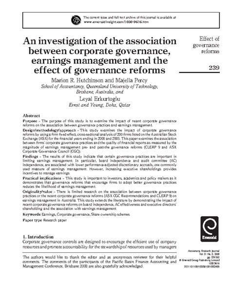 Corporate Governance Reforms and Earnings Management: ASX Analysis ...
