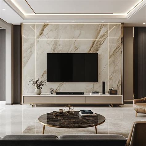 Luxurious Living Room with Marble Feature Wall and Gold Accents