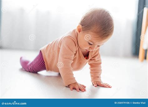 A Girl Child Learns To Crawl on the Floor. First Steps Stock Photo ...