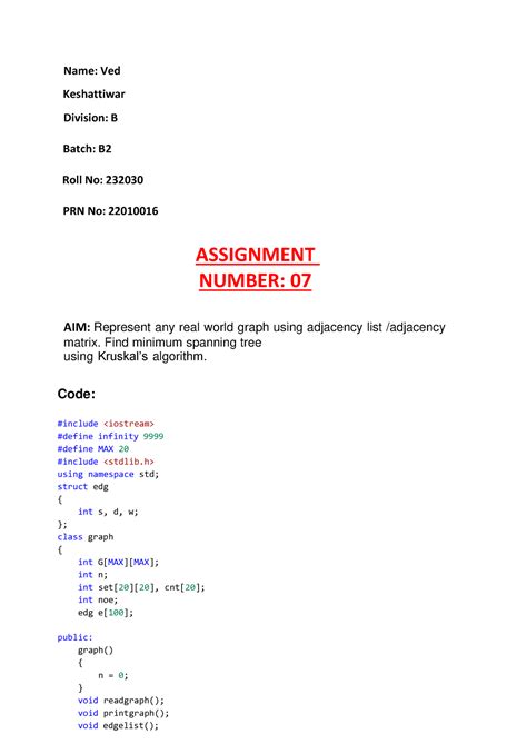 232030 DSF Assignment 07 Kruskals Algo - Name: Ved Keshattiwar Division ...