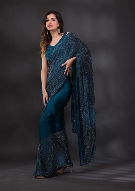 Buy Peacock Blue Swarovski Semi Crepe Saree - Koskii