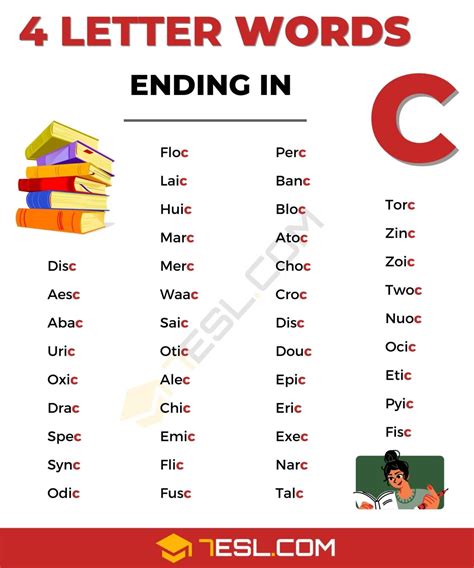 4 Letter Words Ending in C (44 Words in English) • 7ESL