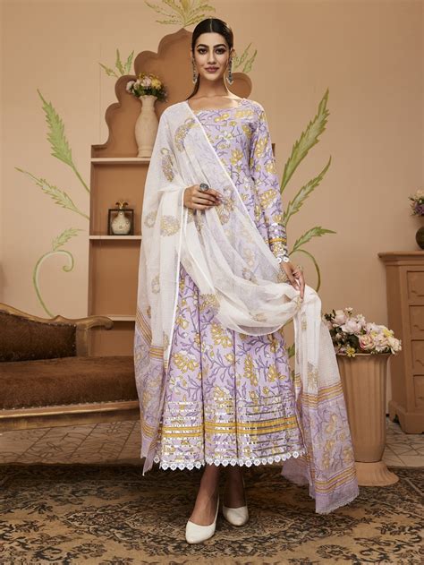Divena Handblock Printed Lavender Anarkali Cotton Kurta With Trousers ...