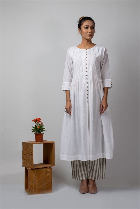 white smocked button down tunic + striped pants – Silai Studio