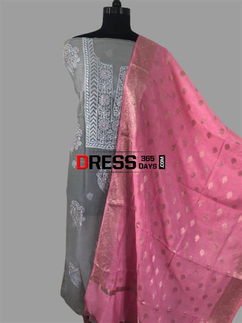 Grey Organza Beads Chikankari Suit with Pink Dupatta – Dress365days