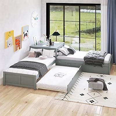 Buy Merax L-Shaped Platform Bed with Two Trundles Built-in Desk, Wood ...