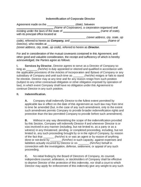 Indemnification of Corporate Director Doc Template | pdfFiller