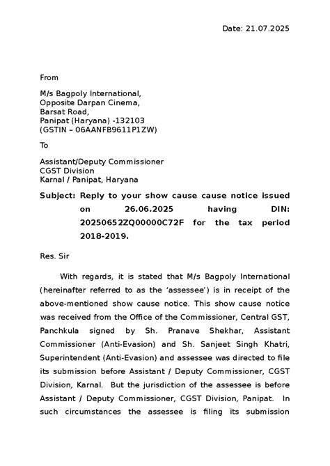 Reply to Show Cause Notice - Bagpoly International (GSTIN ...
