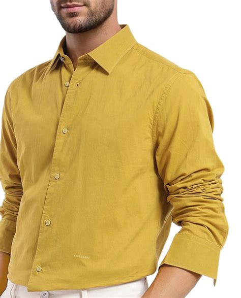 Rare Rabbit Men's Cambo-1 Mustard Cotton Plain Regular Fit Full Sleeve