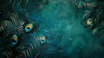 A painting of a tropical plant with peacock feathers and the words ...