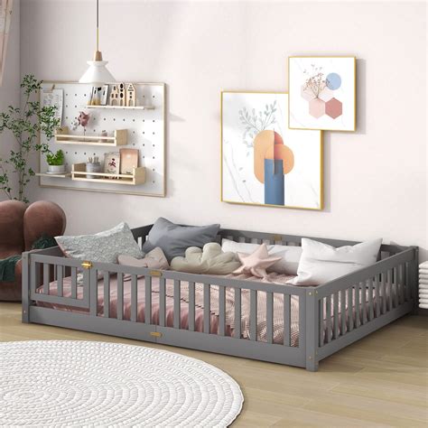 Tatub Queen Floor Bed with Safety Guardrails and Slats, Toddler Floor ...
