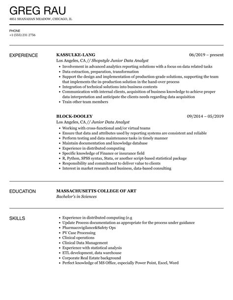 Junior Data Analyst Resume Samples | Velvet Jobs