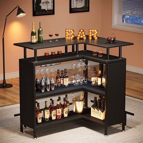 L-Shaped Home Bar Unit, Liquor Bar Table with Glasses Holders & Shelves ...