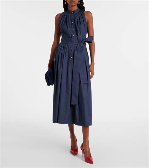 Gathered cotton-blend midi dress in blue - Carolina Herrera | Mytheresa
