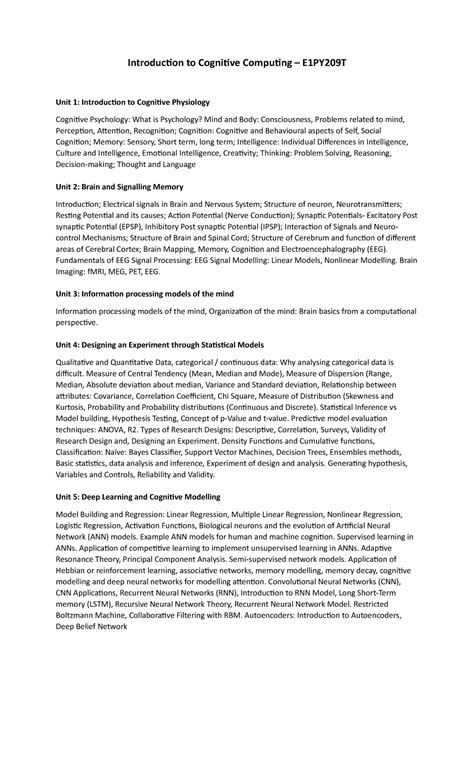 E1PY209T Syllabus: Introduction to Cognitive Computing Overview - Studocu