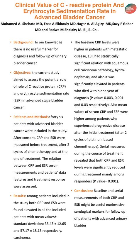 Clinical Value of C - reactive protein And Erythrocyte Sedimentation Rate in Advanced Bladder Cancer