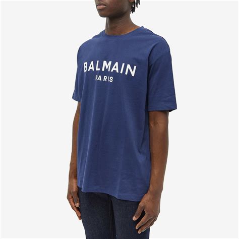 Balmain Men's Paris Logo T-Shirt in Navy/White Balmain