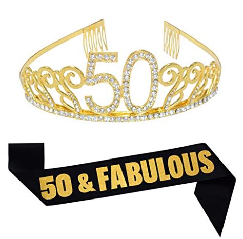 Buy 50th Birthday Gold Tiara and Sash, Glitter Satin Sash and Crystal ...
