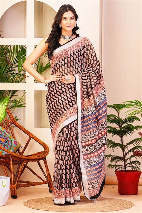 Hand Block Printed Cotton Linen Saree With Blouse ( LS16402 ) – Bagru Art