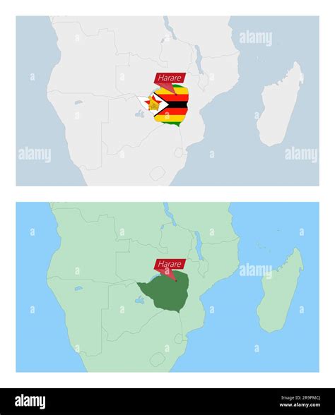 Zimbabwe map with pin of country capital. Two types of Zimbabwe map with neighboring countries ...