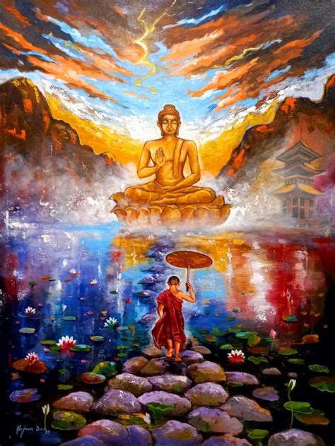 "Buddha And Monk Child 1": Yellow Orange Acrylic Painting by Arjun Das ...