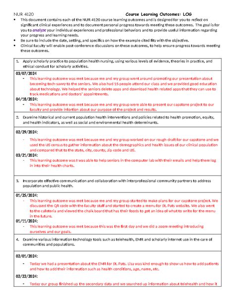 Course outcomes LOG - NAnNANANANNNA - NUR 4120 Course Learning Outcomes ...