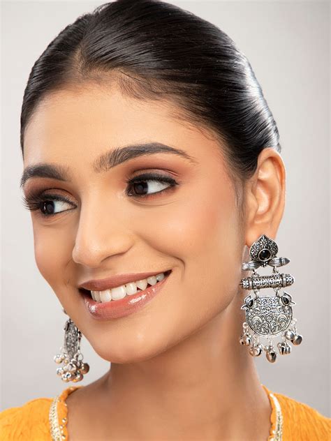 Priyaasi Oxidised Black Stones Studded Boho Drop Earrings