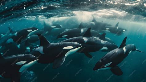 Premium Photo | A mesmerizing view of a pod of orcas swimming together showcasing their ...