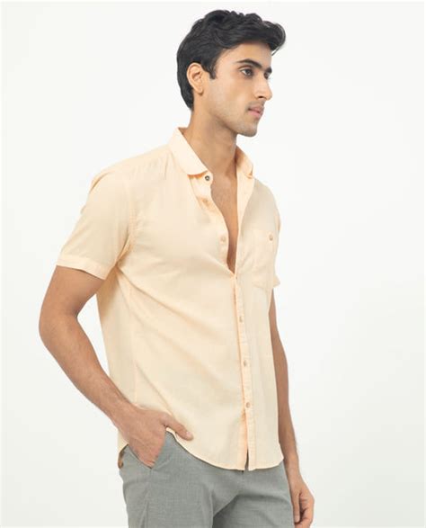 Rare Rabbit Men's Affle Peach Cotton Plain Tailored Fit Half Sleeve Co