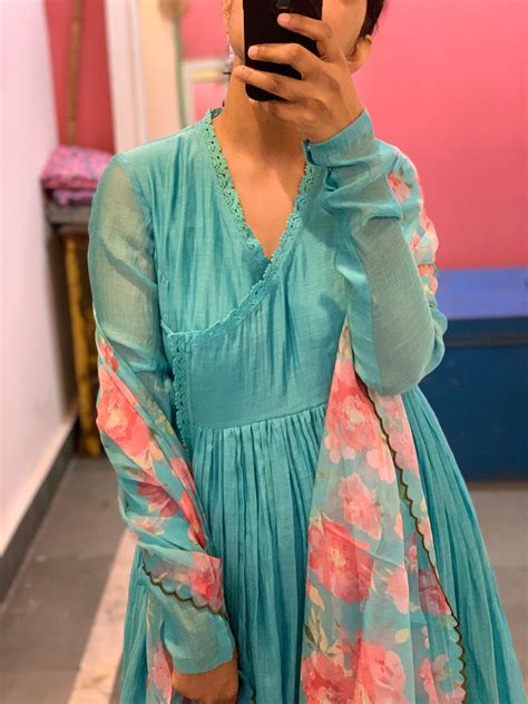 Blue chanderi Angrakha with churi sleeves Set of 3 – Hasli India