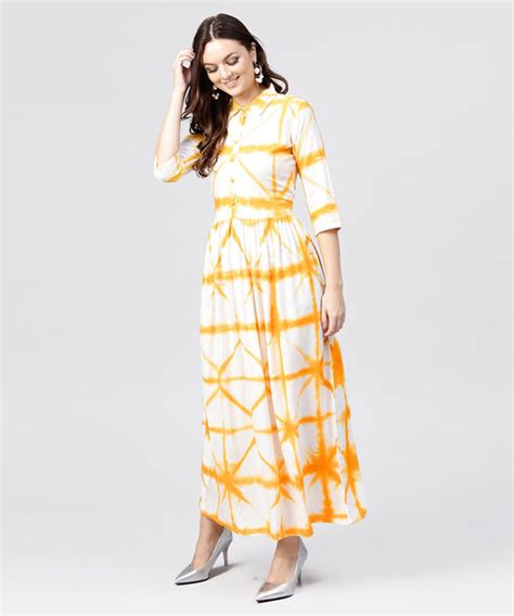 Multi tie and dyed shirt Collar maxi dress with box pleats and 3/4 sle ...