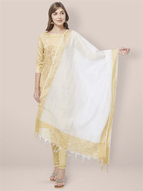 White Cotton Silk Dupatta with Gold Border. Dupatta Bazaar