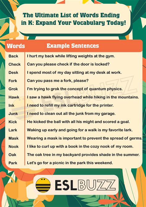 Words Ending in K to Expand Your Vocabulary Today! - ESLBUZZ