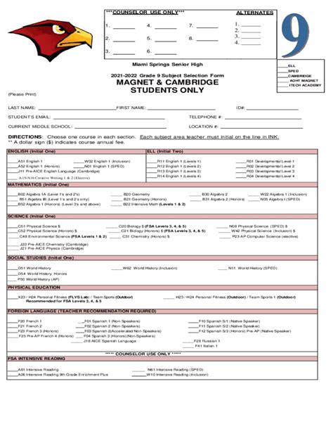 Fillable Online 9th Grade Subject Selection Form Magnet & Cambridge ...
