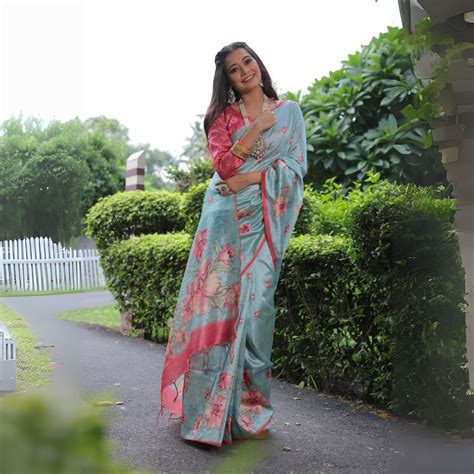 Powder Blue Floral Print Soft Tusar Silk Saree – Kalyanja