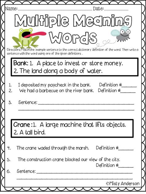 Multiple Meaning Words Worksheet by Misty Anderson | TpT