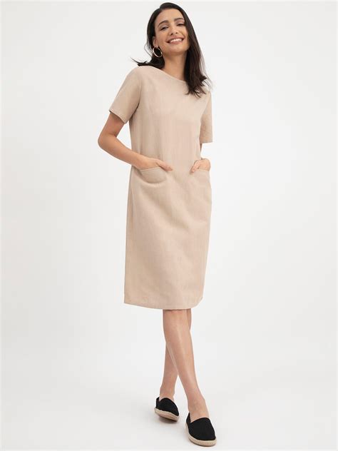 Buy Beige Linen Boat Neck Dress Online | FableStreet