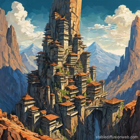 City Inside Mountain with Four Towers | Stable Diffusion Online