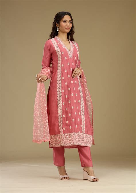 Buy Onion Pink Threadwork Semi Crepe Readymade Salwar Suit - Koskii