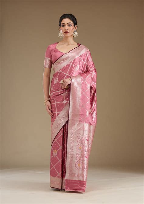 Buy Onion Pink Zariwork Satin Saree - Koskii