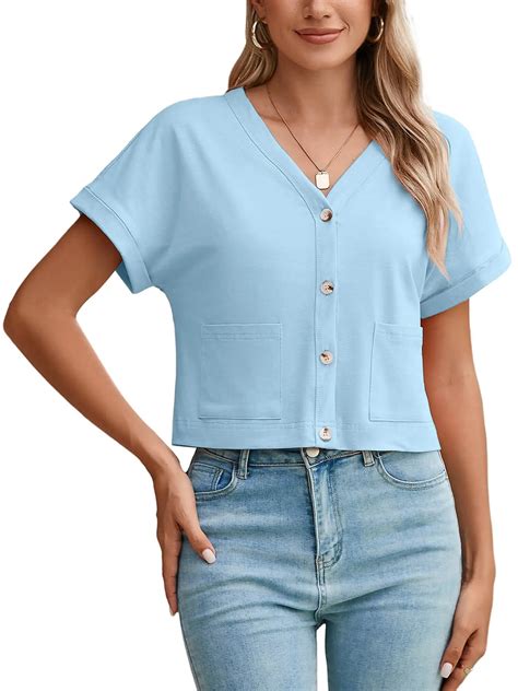 Chiclily Womens Summer Blouses Tops Light Blue Lightweight Short Sleeve ...